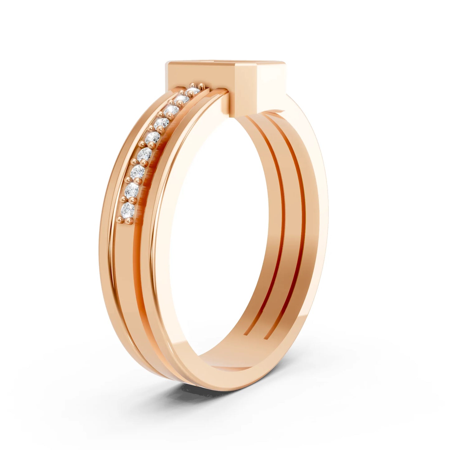 14K Gold Emerald Cut Diamond Double Band Bezel Engagement Ring with Accents