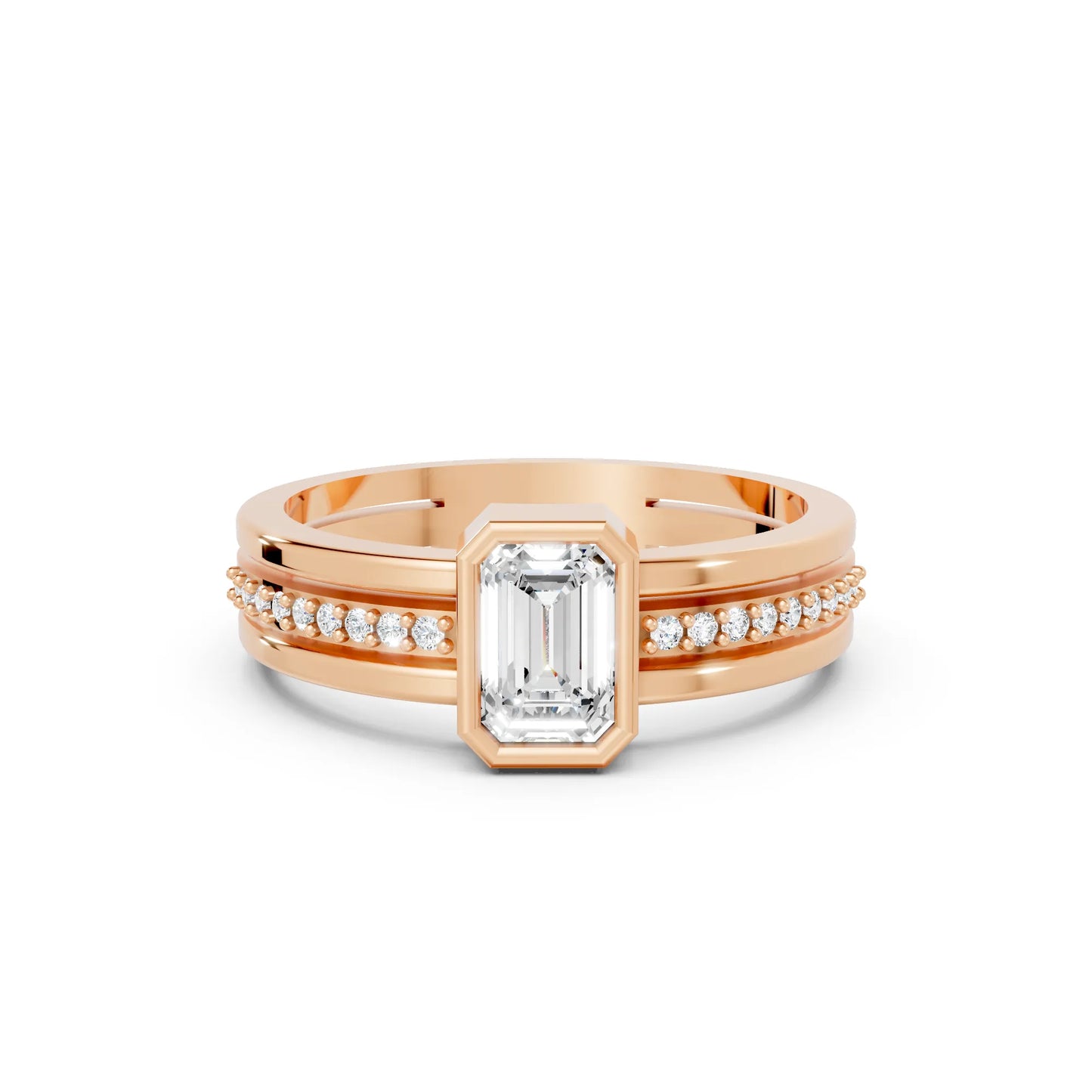 14K Gold Emerald Cut Diamond Double Band Bezel Engagement Ring with Accents