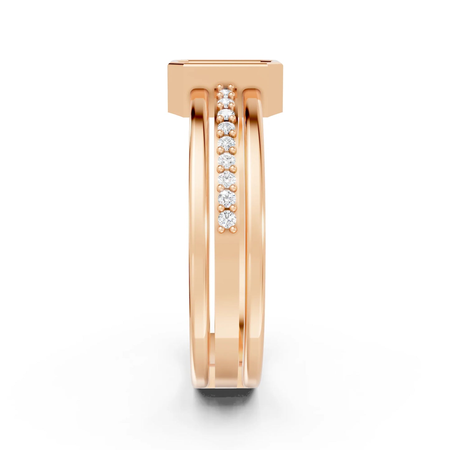 14K Gold Emerald Cut Diamond Double Band Bezel Engagement Ring with Accents