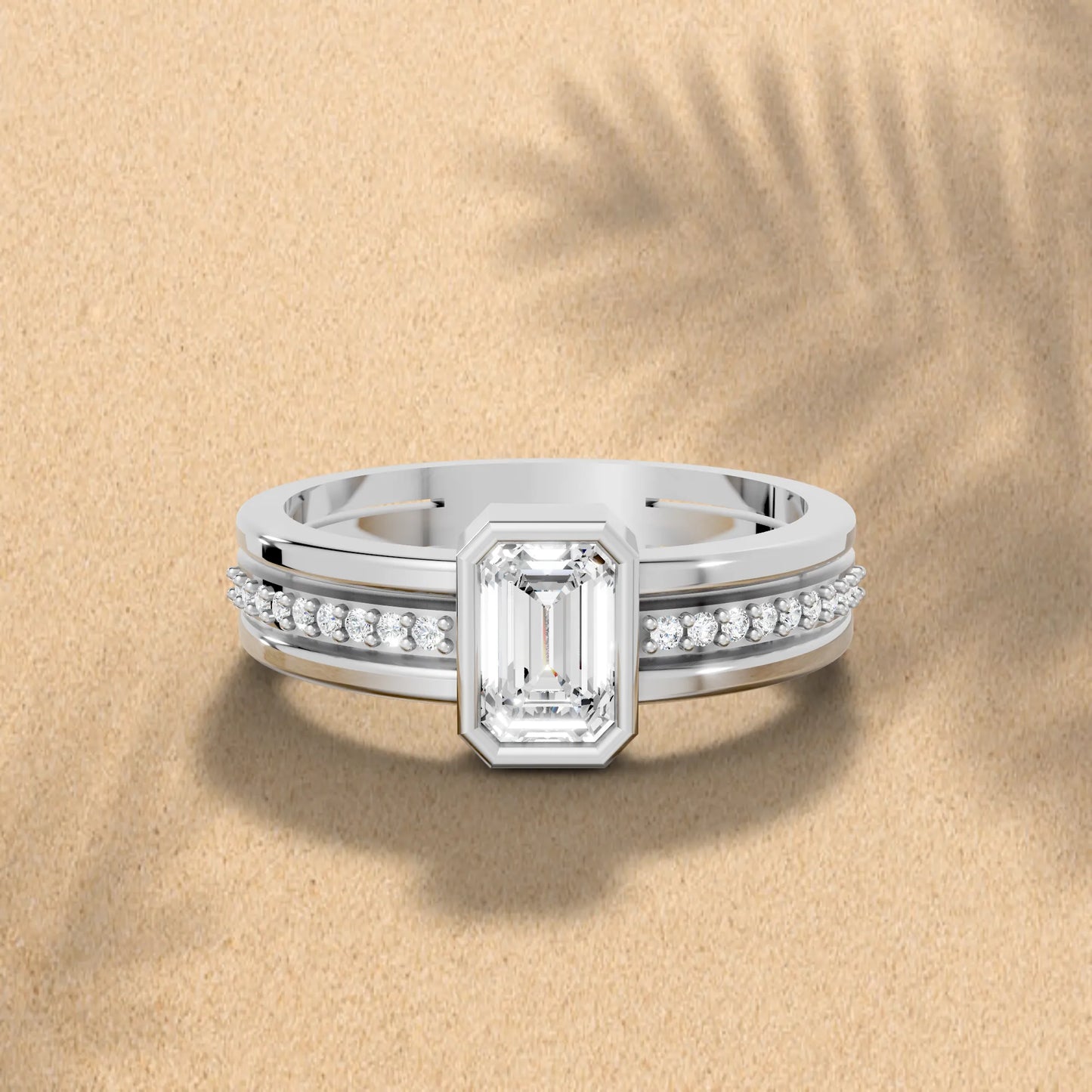 14K Gold Emerald Cut Diamond Double Band Bezel Engagement Ring with Accents