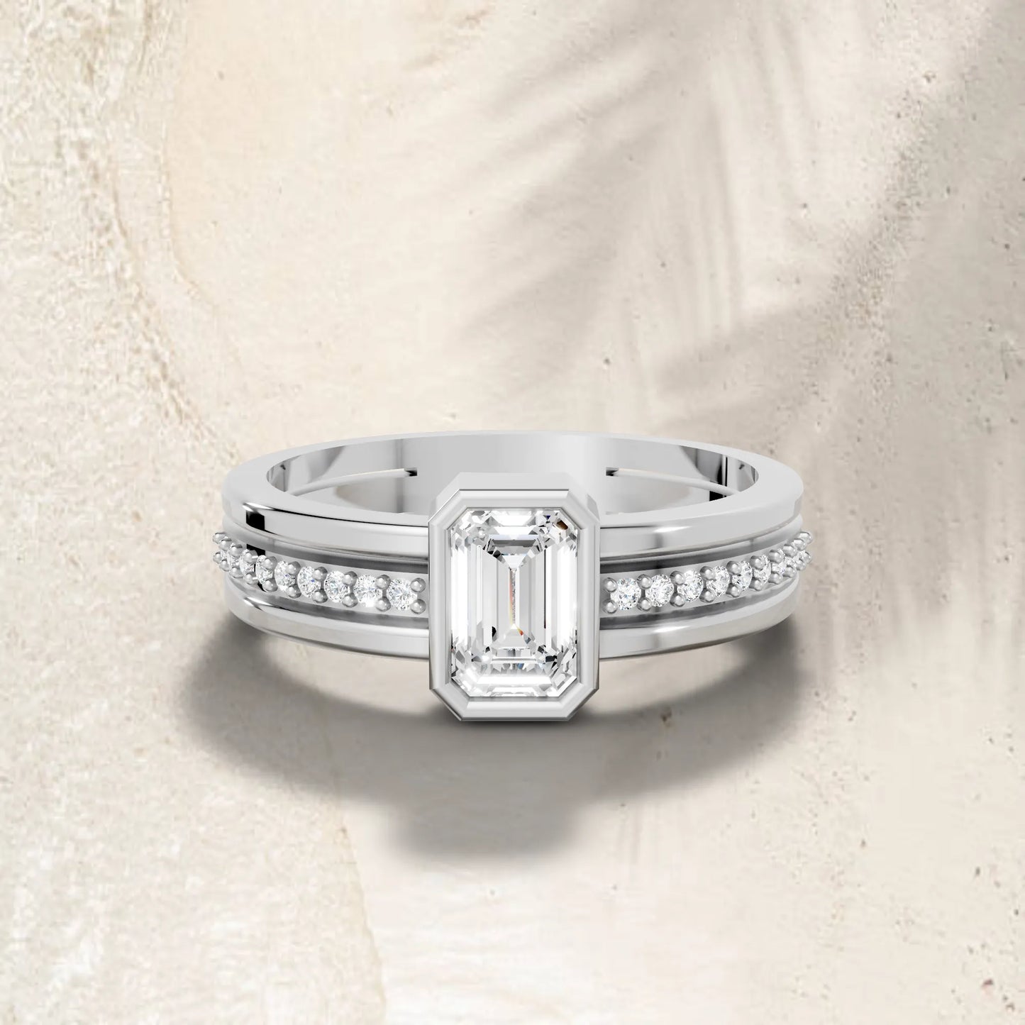 14K Gold Emerald Cut Diamond Double Band Bezel Engagement Ring with Accents