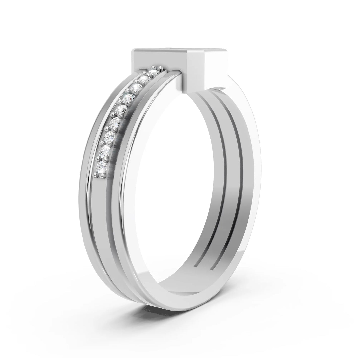 14K Gold Emerald Cut Diamond Double Band Bezel Engagement Ring with Accents