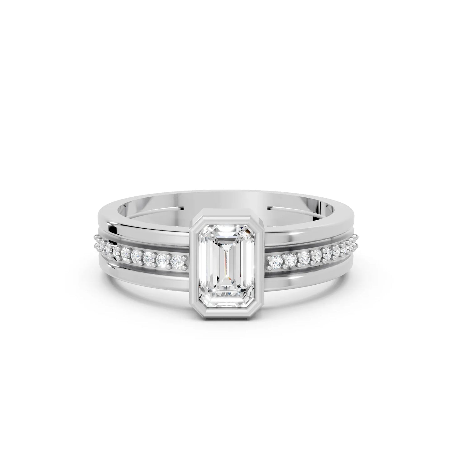 14K Gold Emerald Cut Diamond Double Band Bezel Engagement Ring with Accents