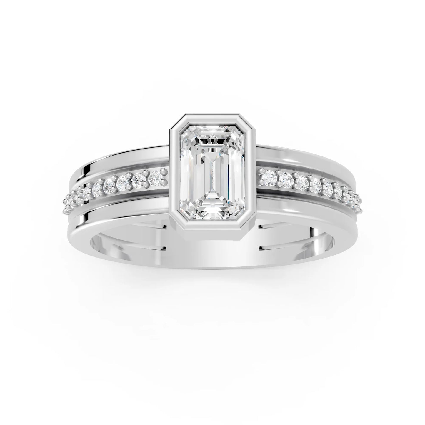 14K Gold Emerald Cut Diamond Double Band Bezel Engagement Ring with Accents