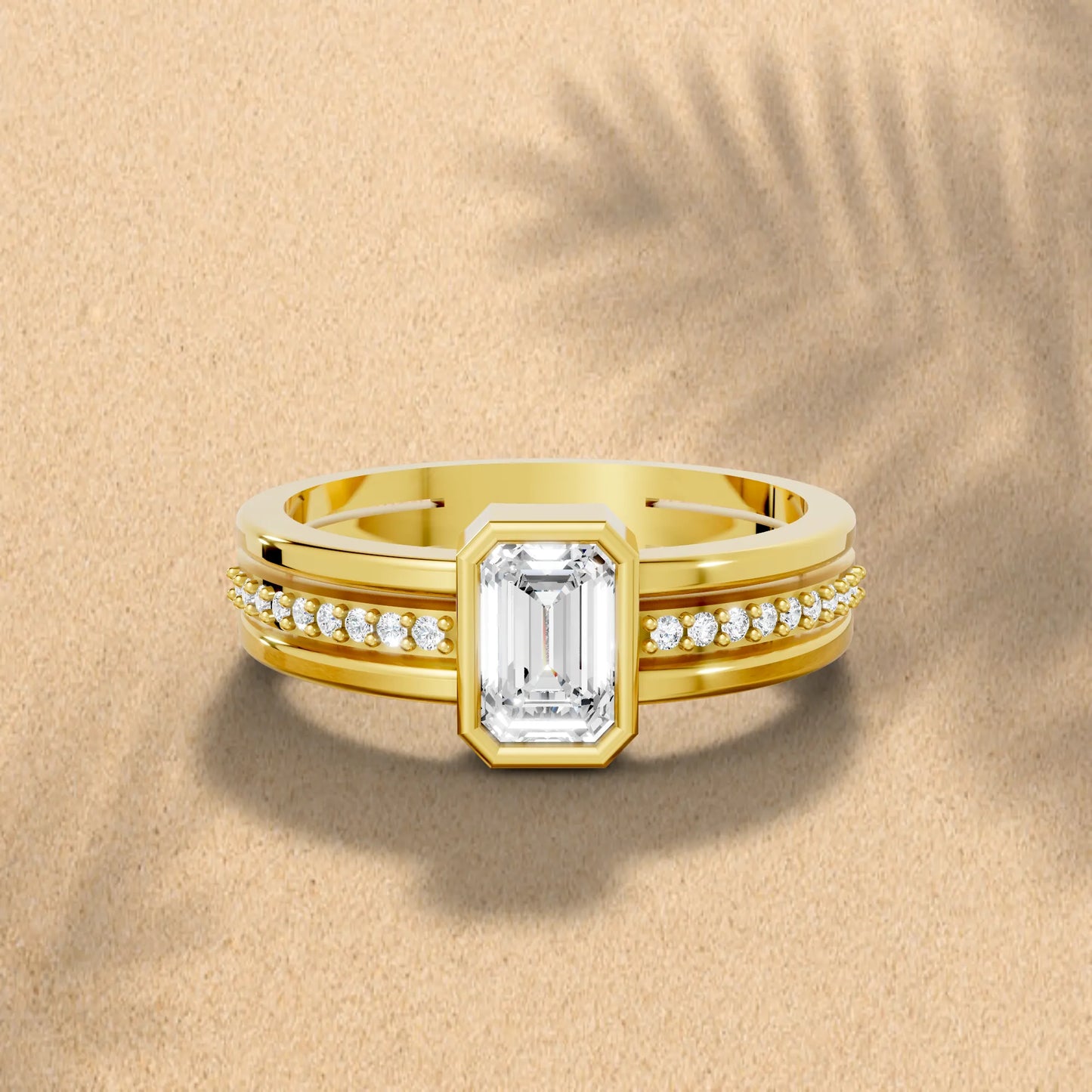 14K Gold Emerald Cut Diamond Double Band Bezel Engagement Ring with Accents