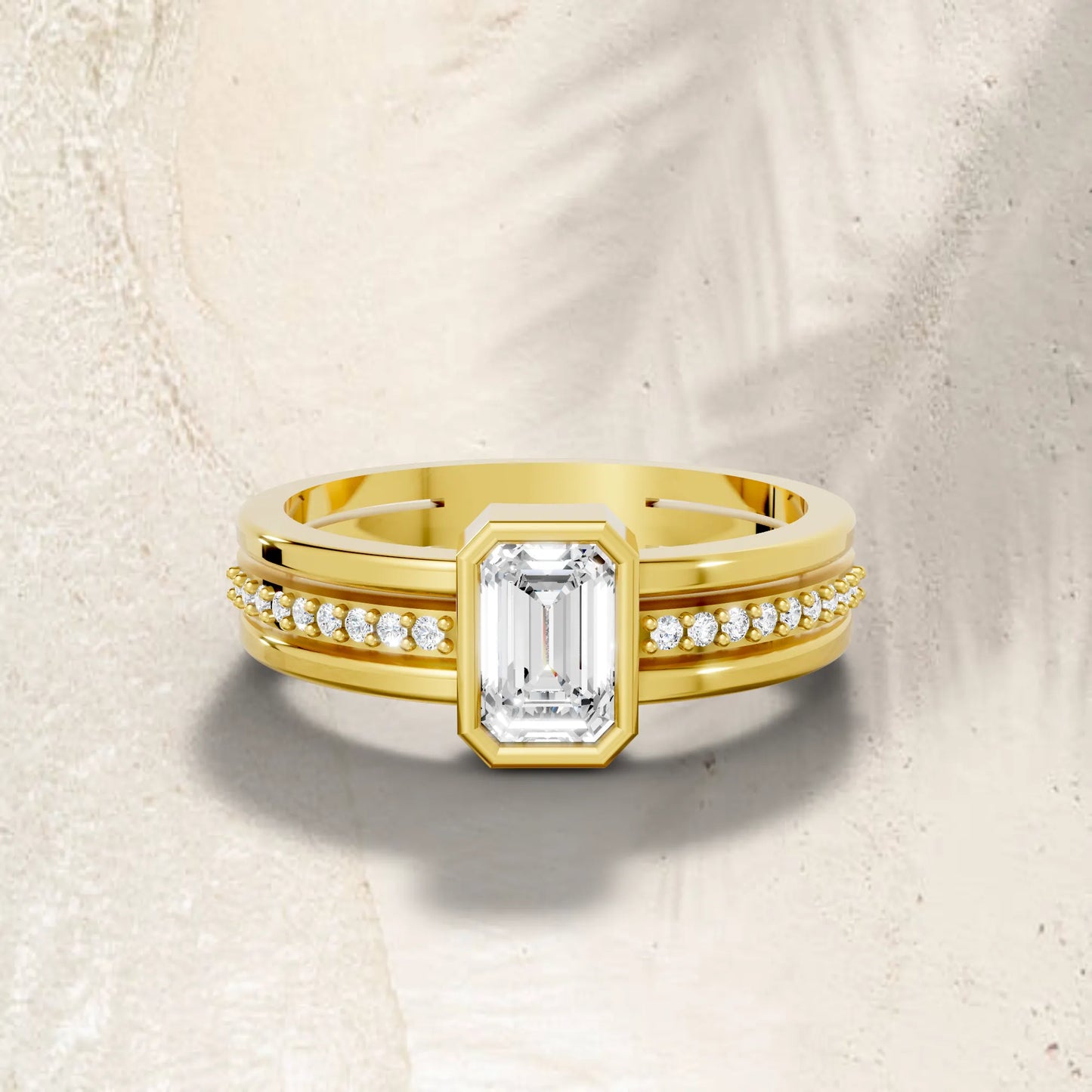 14K Gold Emerald Cut Diamond Double Band Bezel Engagement Ring with Accents