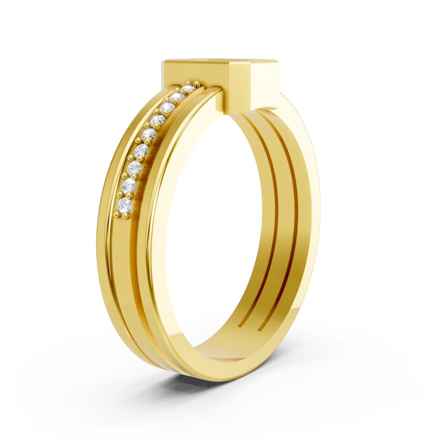14K Gold Emerald Cut Diamond Double Band Bezel Engagement Ring with Accents