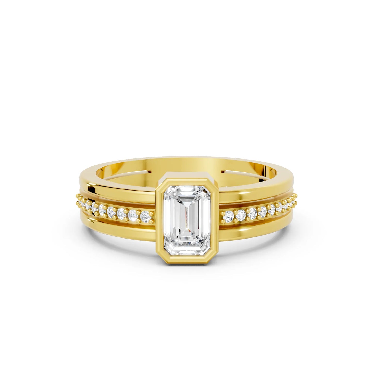 14K Gold Emerald Cut Diamond Double Band Bezel Engagement Ring with Accents