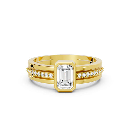 14K Gold Emerald Cut Diamond Double Band Bezel Engagement Ring with Accents
