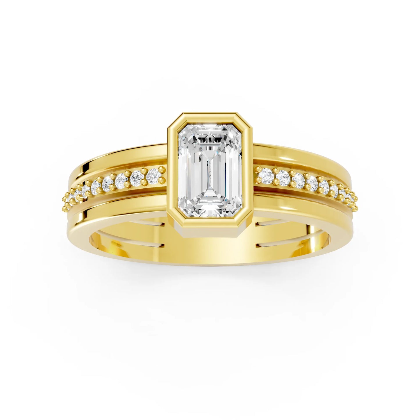 14K Gold Emerald Cut Diamond Double Band Bezel Engagement Ring with Accents