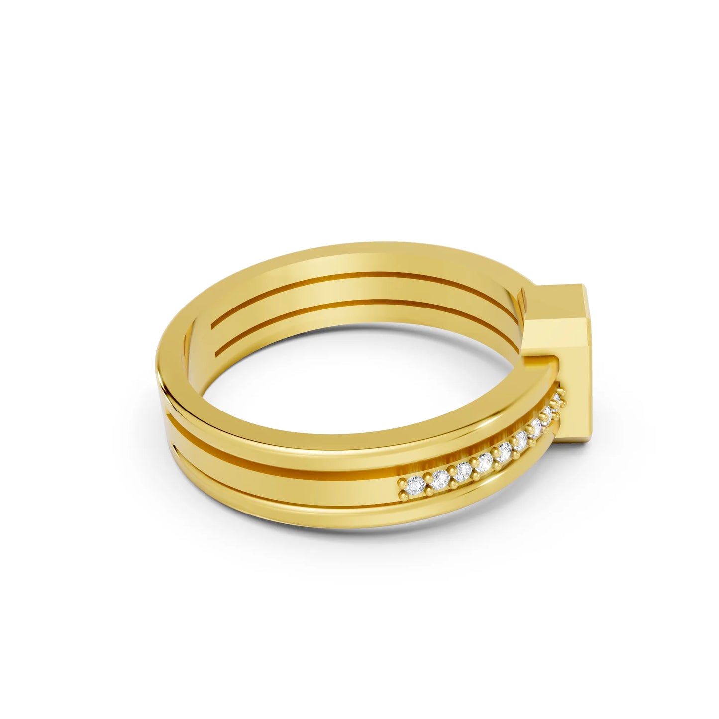 14K Gold Emerald Cut Diamond Double Band Bezel Engagement Ring with Accents