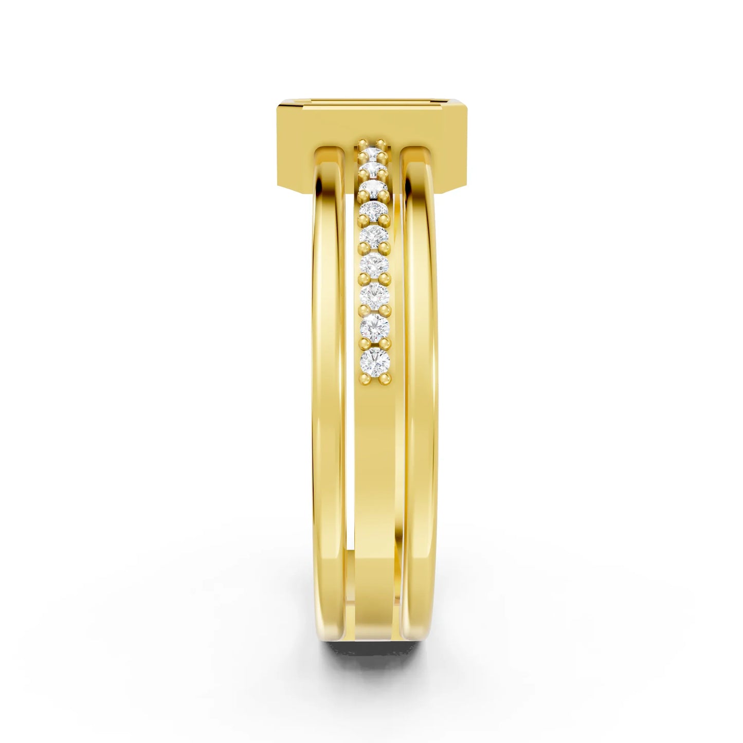14K Gold Emerald Cut Diamond Double Band Bezel Engagement Ring with Accents