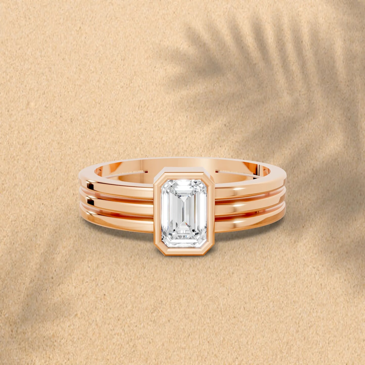 14K Gold Emerald Cut Diamond Double Band Bezel Engagement Ring
