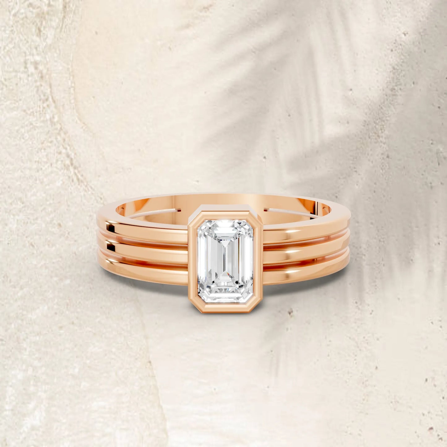 14K Gold Emerald Cut Diamond Double Band Bezel Engagement Ring