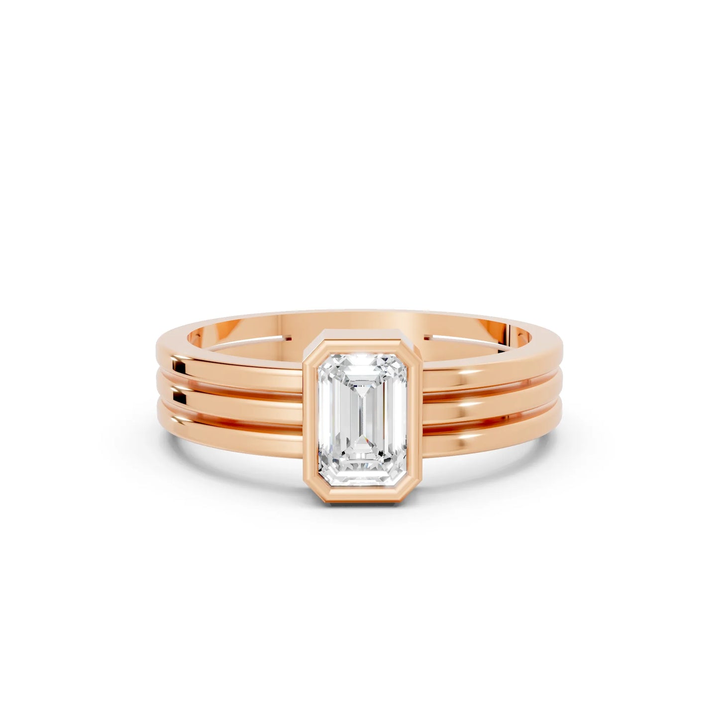 14K Gold Emerald Cut Diamond Double Band Bezel Engagement Ring