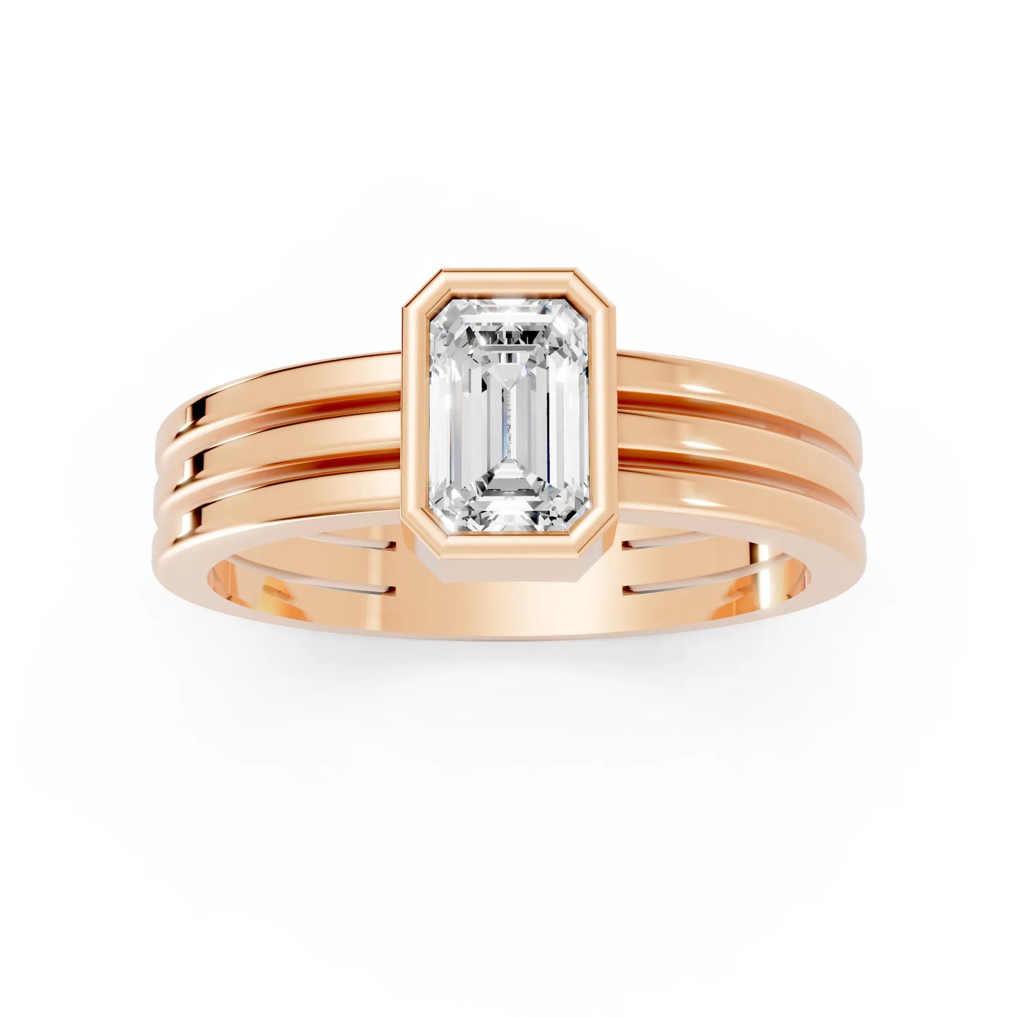 14K Gold Emerald Cut Diamond Double Band Bezel Engagement Ring