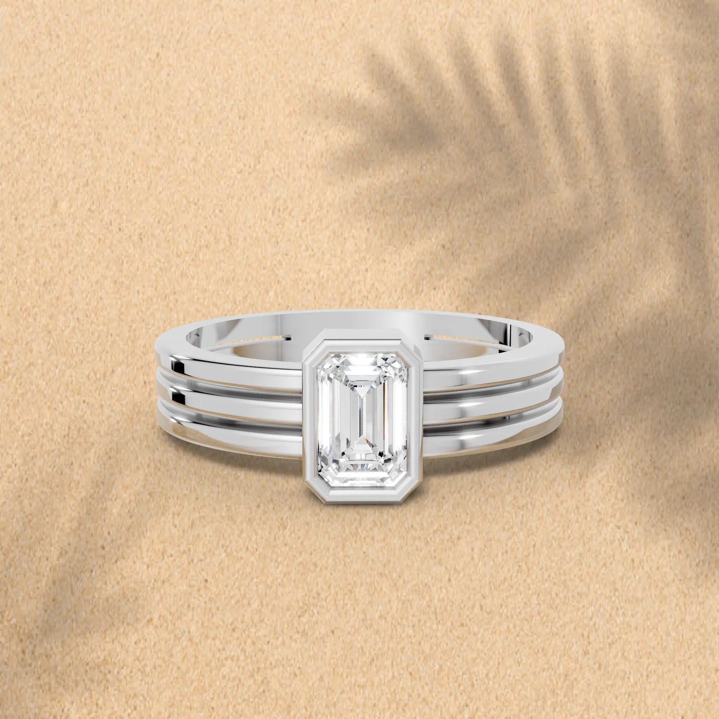 14K Gold Emerald Cut Diamond Double Band Bezel Engagement Ring