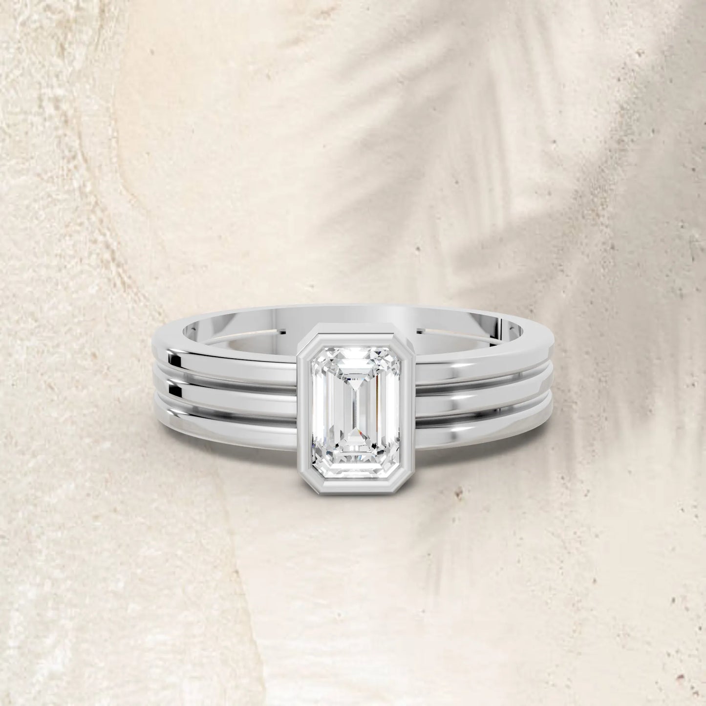 14K Gold Emerald Cut Diamond Double Band Bezel Engagement Ring