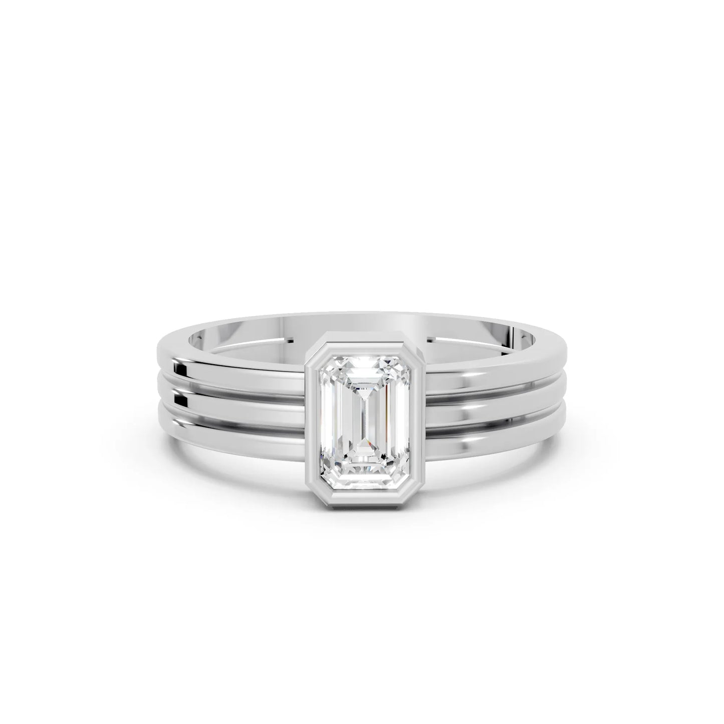 14K Gold Emerald Cut Diamond Double Band Bezel Engagement Ring
