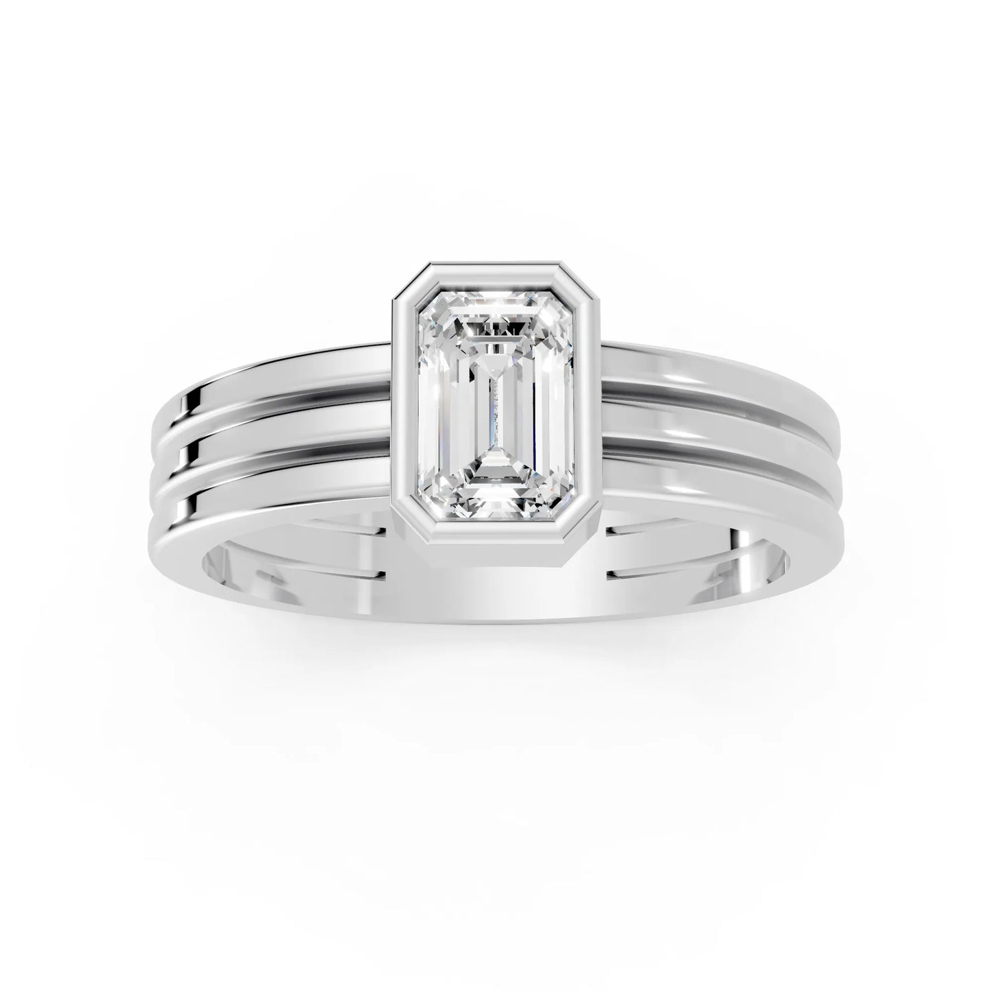 14K Gold Emerald Cut Diamond Double Band Bezel Engagement Ring