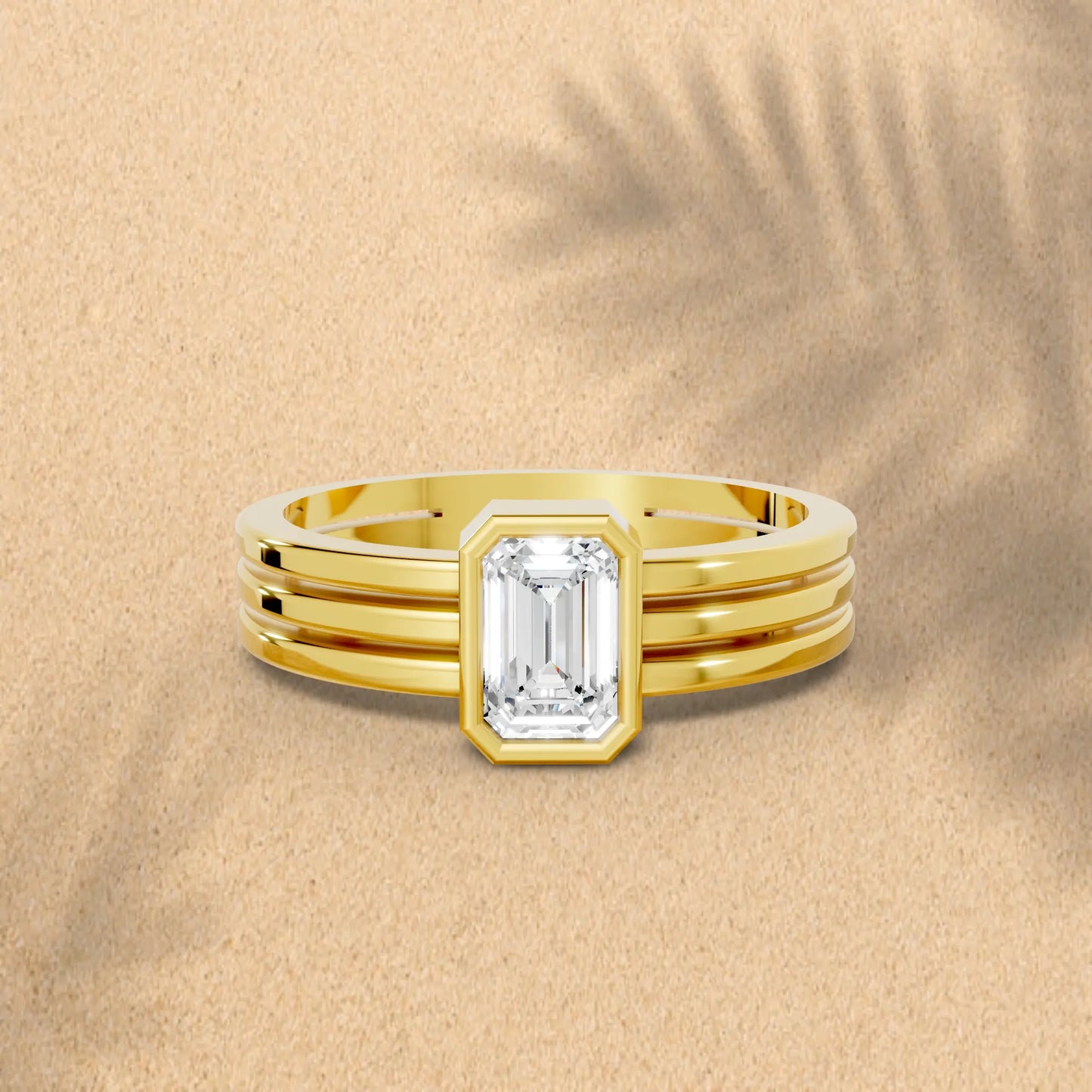 14K Gold Emerald Cut Diamond Double Band Bezel Engagement Ring