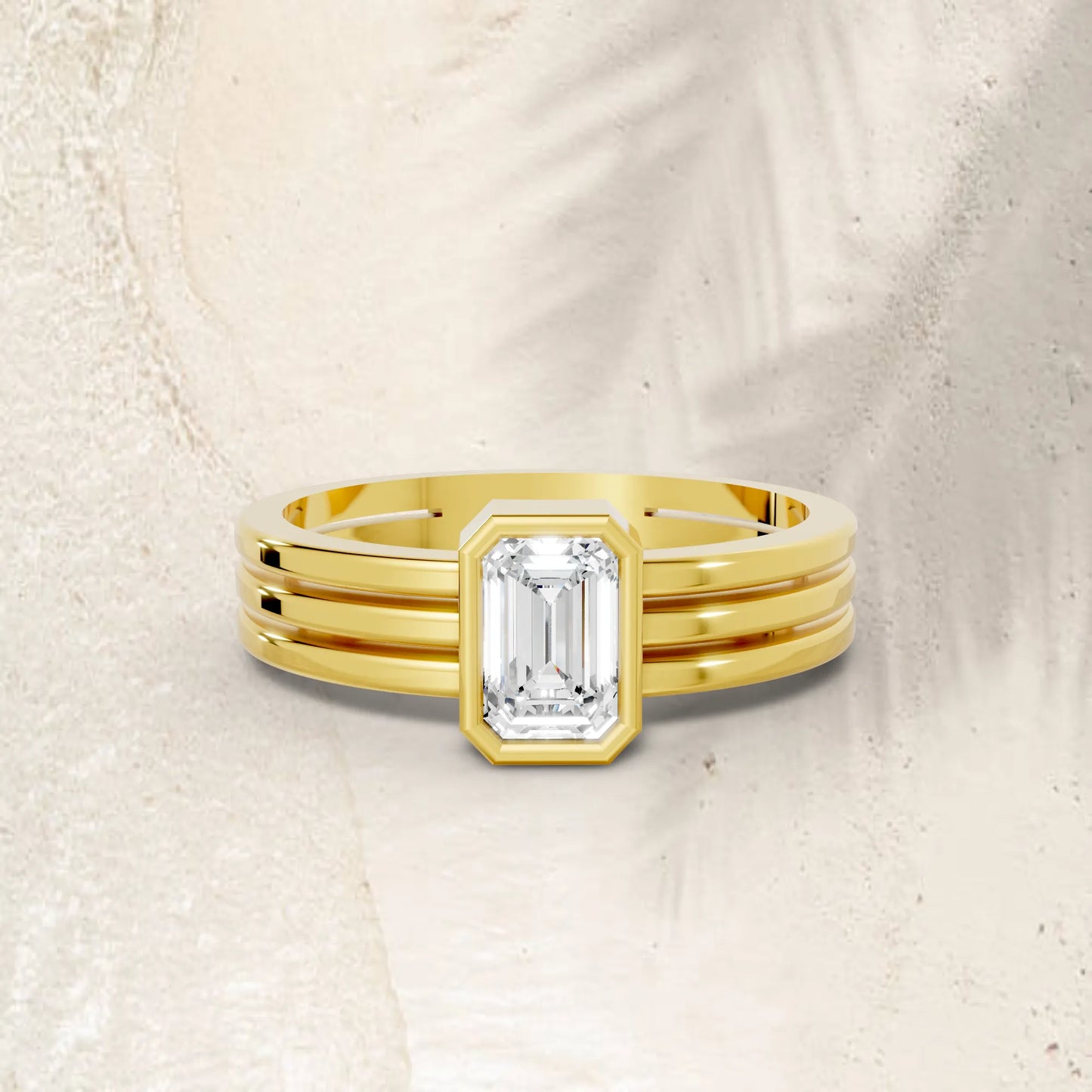 14K Gold Emerald Cut Diamond Double Band Bezel Engagement Ring