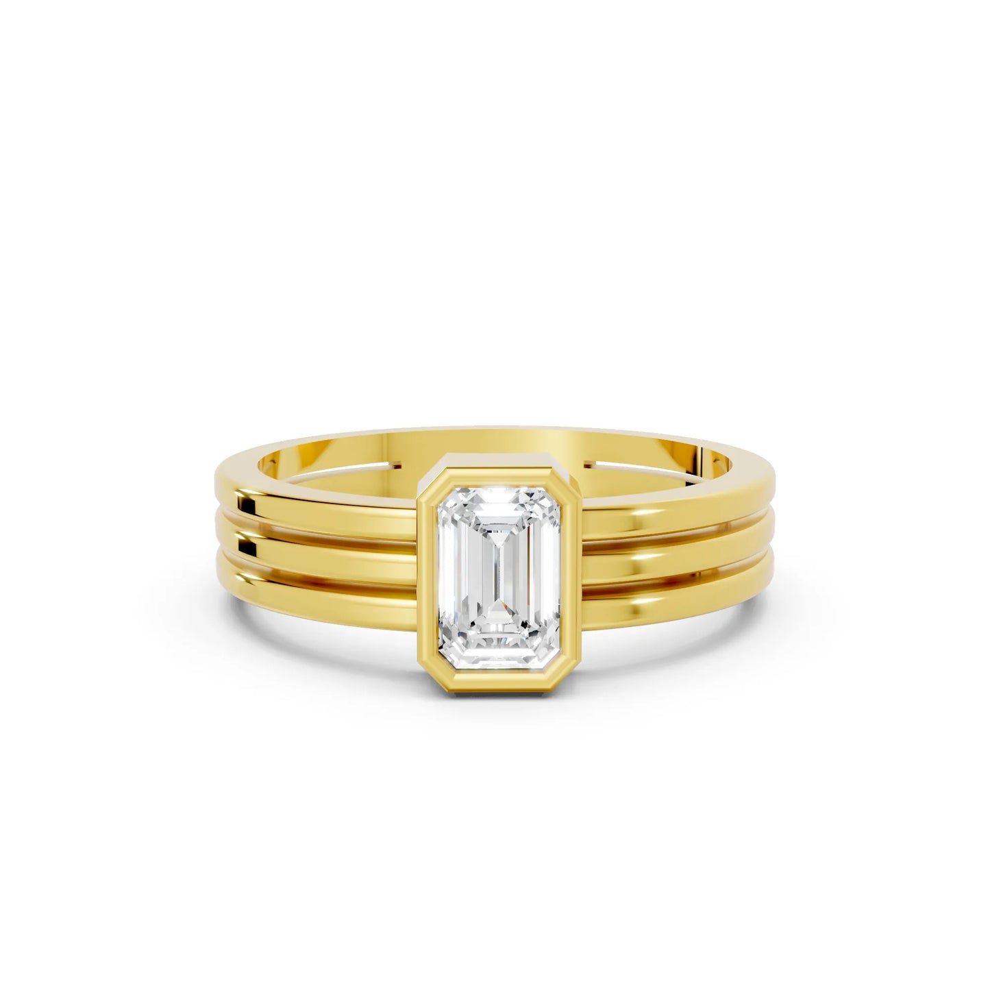 14K Gold Emerald Cut Diamond Double Band Bezel Engagement Ring