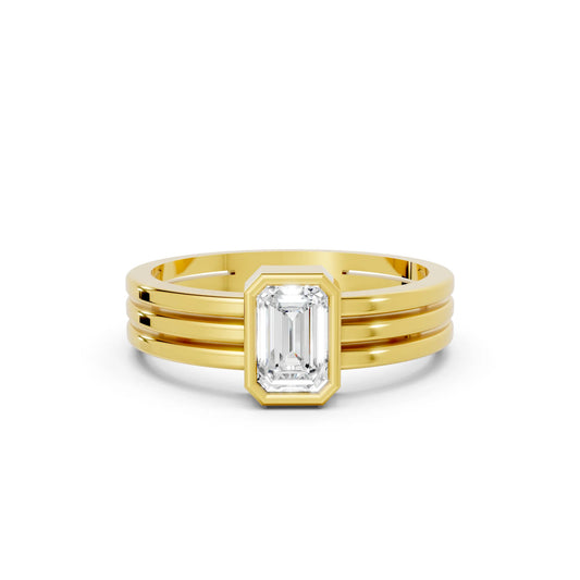 14K Gold Emerald Cut Diamond Double Band Bezel Engagement Ring