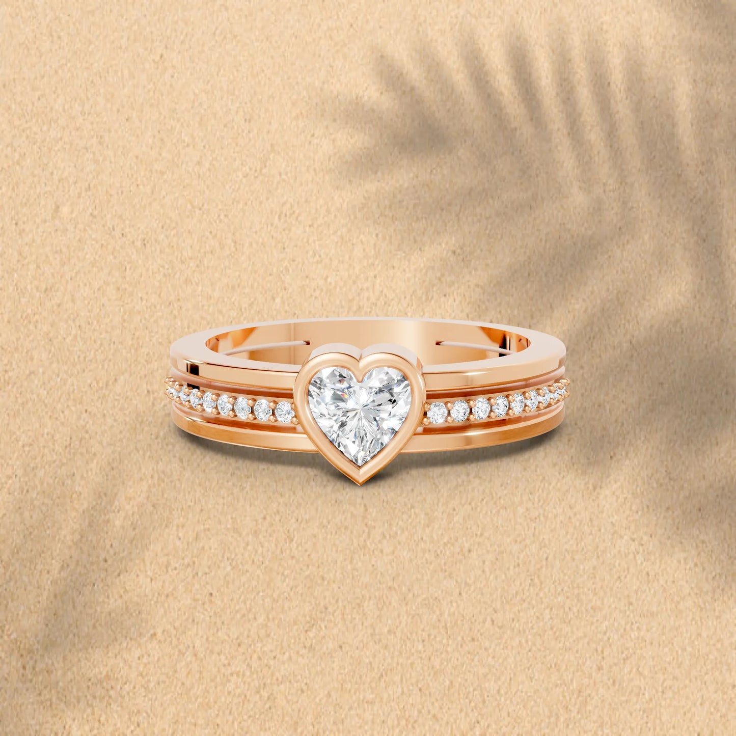 14K Gold Heart Cut Diamond Double Band Bezel Engagement Ring with Accents