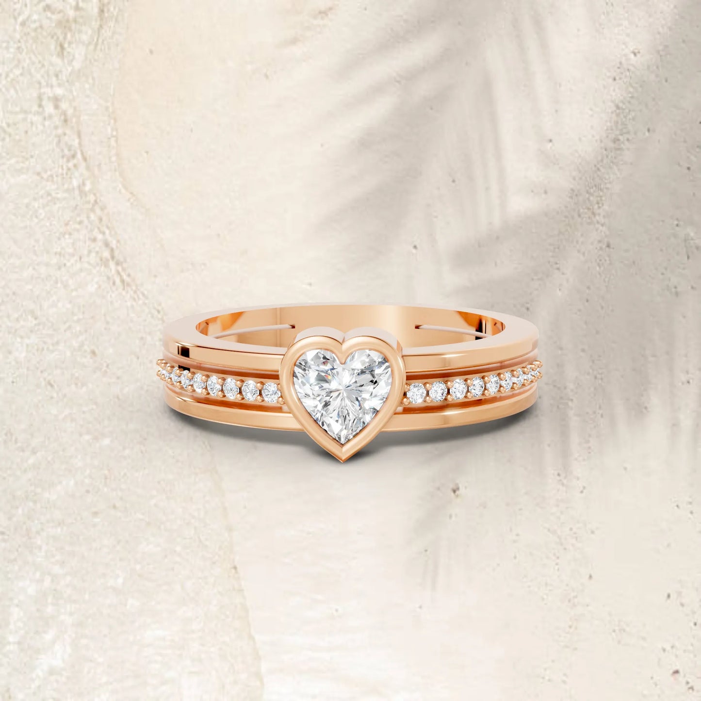 14K Gold Heart Cut Diamond Double Band Bezel Engagement Ring with Accents