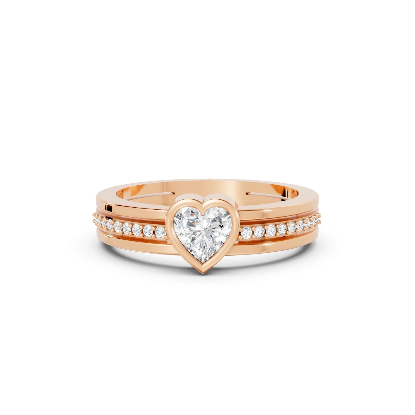 14K Gold Heart Cut Diamond Double Band Bezel Engagement Ring with Accents