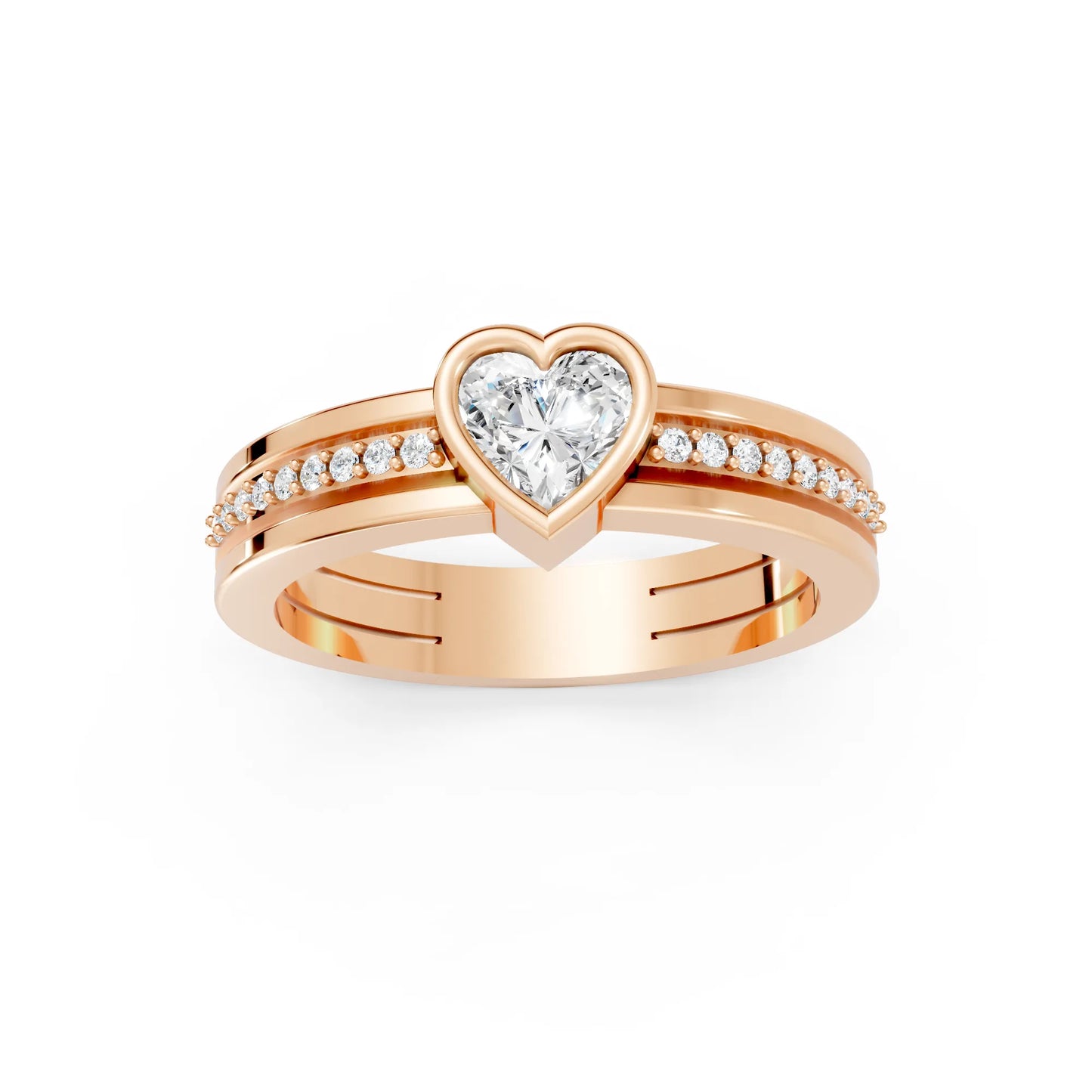 14K Gold Heart Cut Diamond Double Band Bezel Engagement Ring with Accents