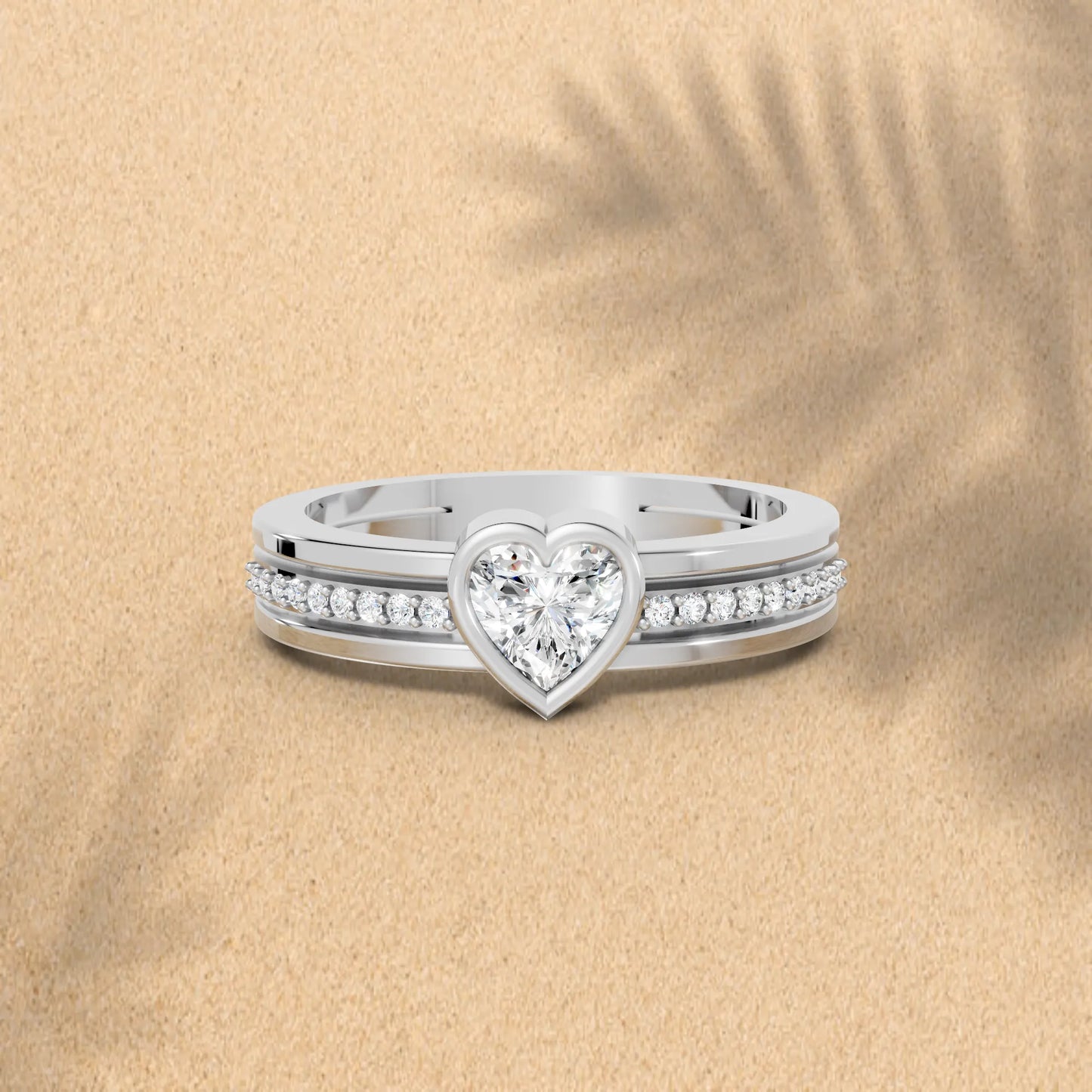14K Gold Heart Cut Diamond Double Band Bezel Engagement Ring with Accents