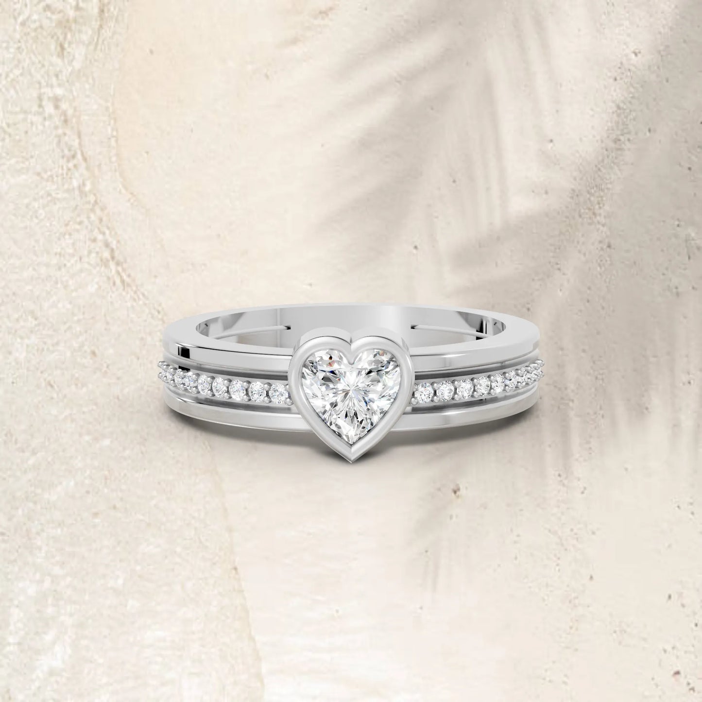 14K Gold Heart Cut Diamond Double Band Bezel Engagement Ring with Accents
