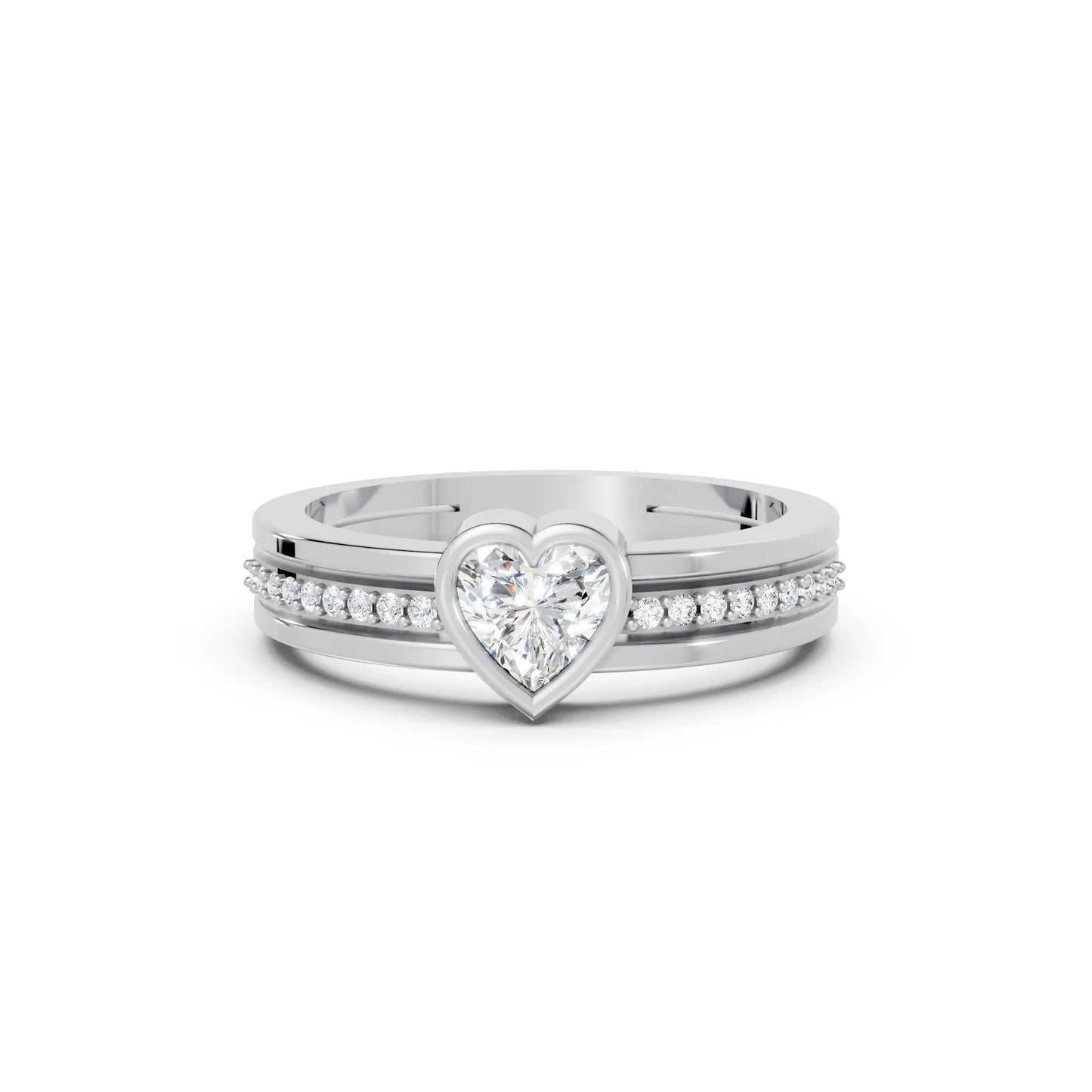 14K Gold Heart Cut Diamond Double Band Bezel Engagement Ring with Accents