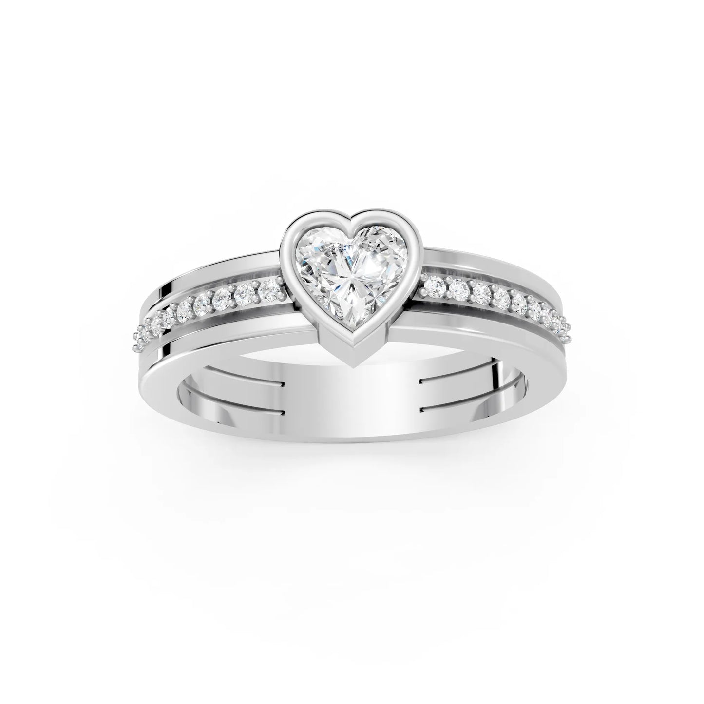 14K Gold Heart Cut Diamond Double Band Bezel Engagement Ring with Accents