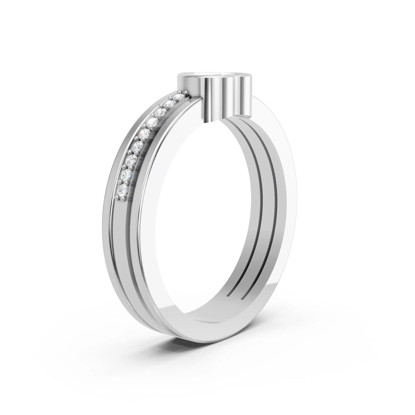 14K Gold Heart Cut Diamond Double Band Bezel Engagement Ring with Accents
