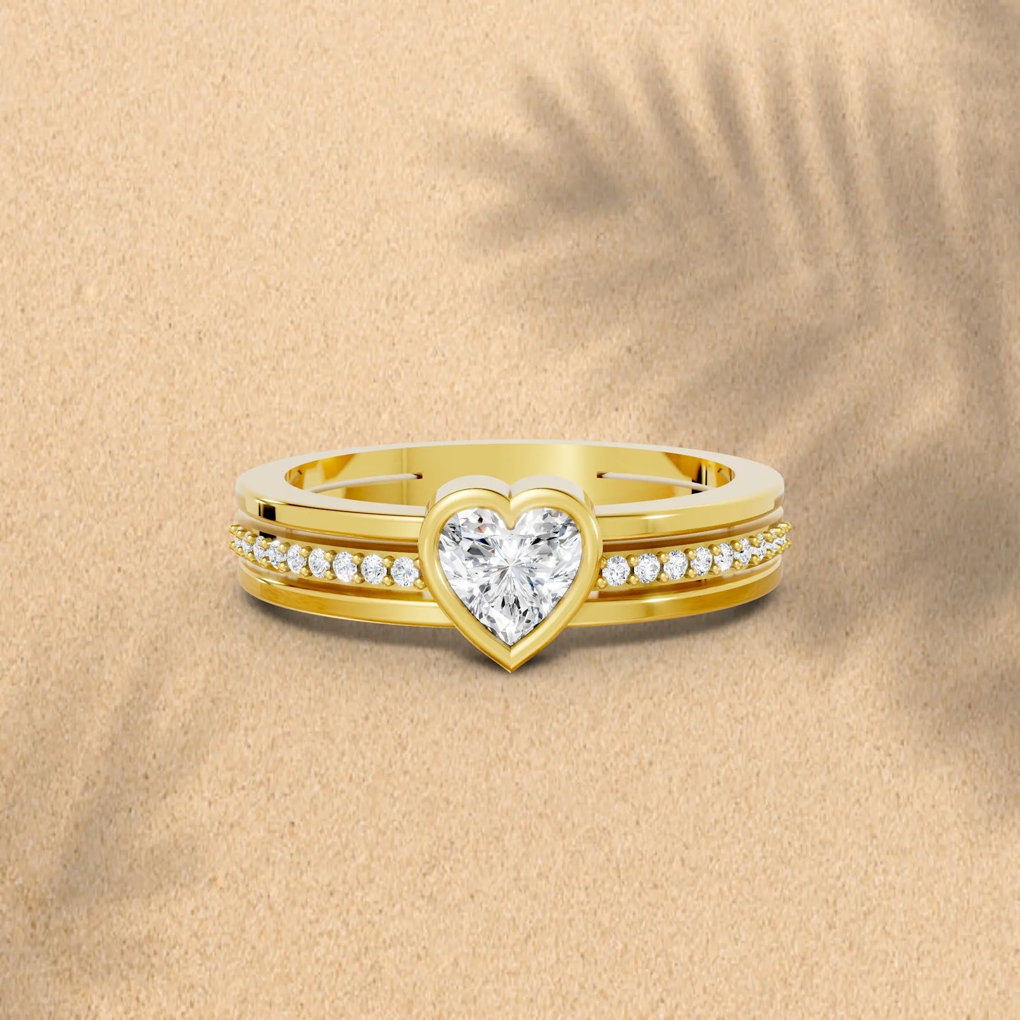 14K Gold Heart Cut Diamond Double Band Bezel Engagement Ring with Accents