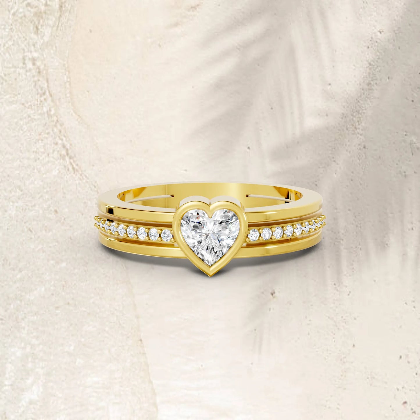 14K Gold Heart Cut Diamond Double Band Bezel Engagement Ring with Accents