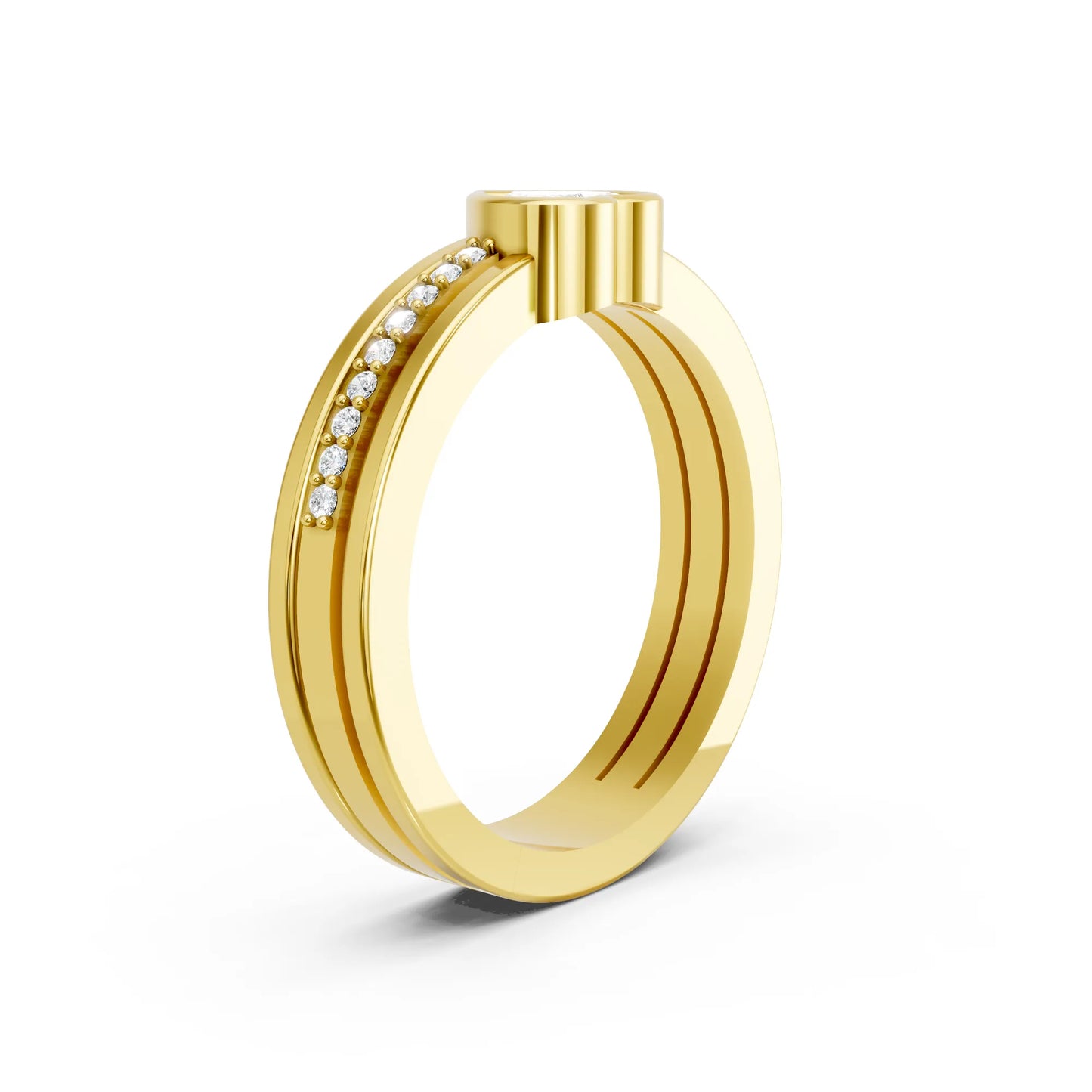 14K Gold Heart Cut Diamond Double Band Bezel Engagement Ring with Accents
