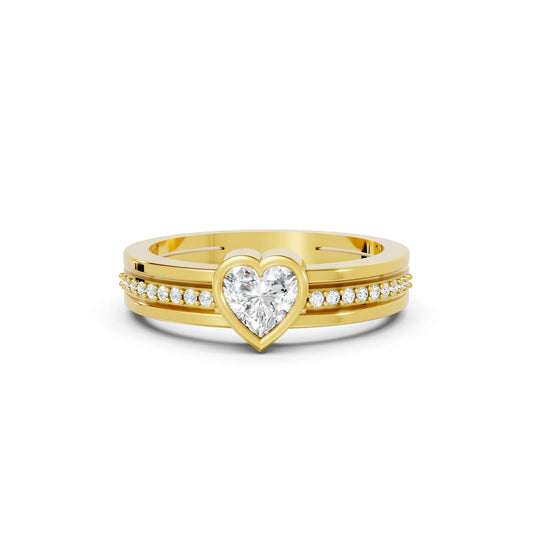14K Gold Heart Cut Diamond Double Band Bezel Engagement Ring with Accents