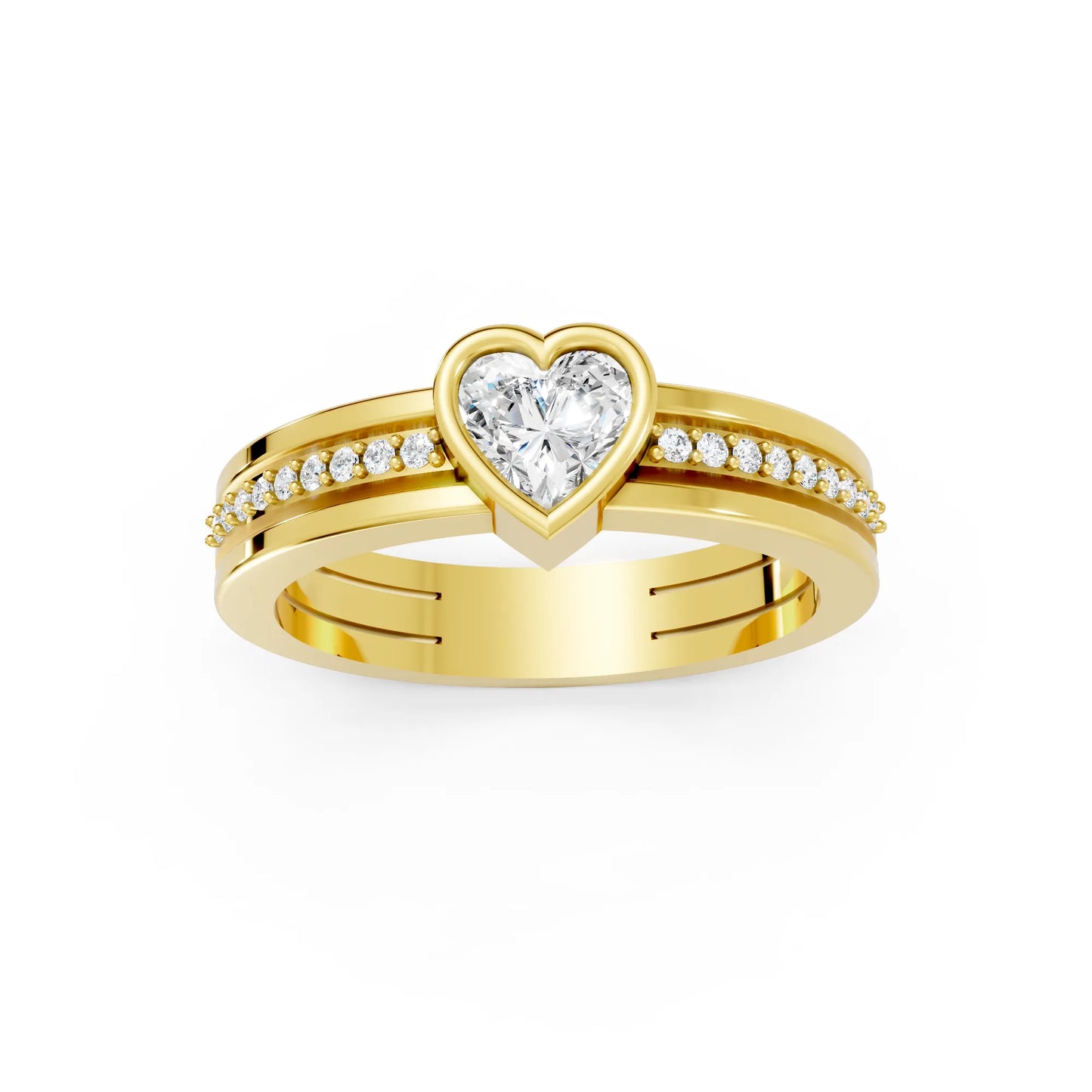 14K Gold Heart Cut Diamond Double Band Bezel Engagement Ring with Accents