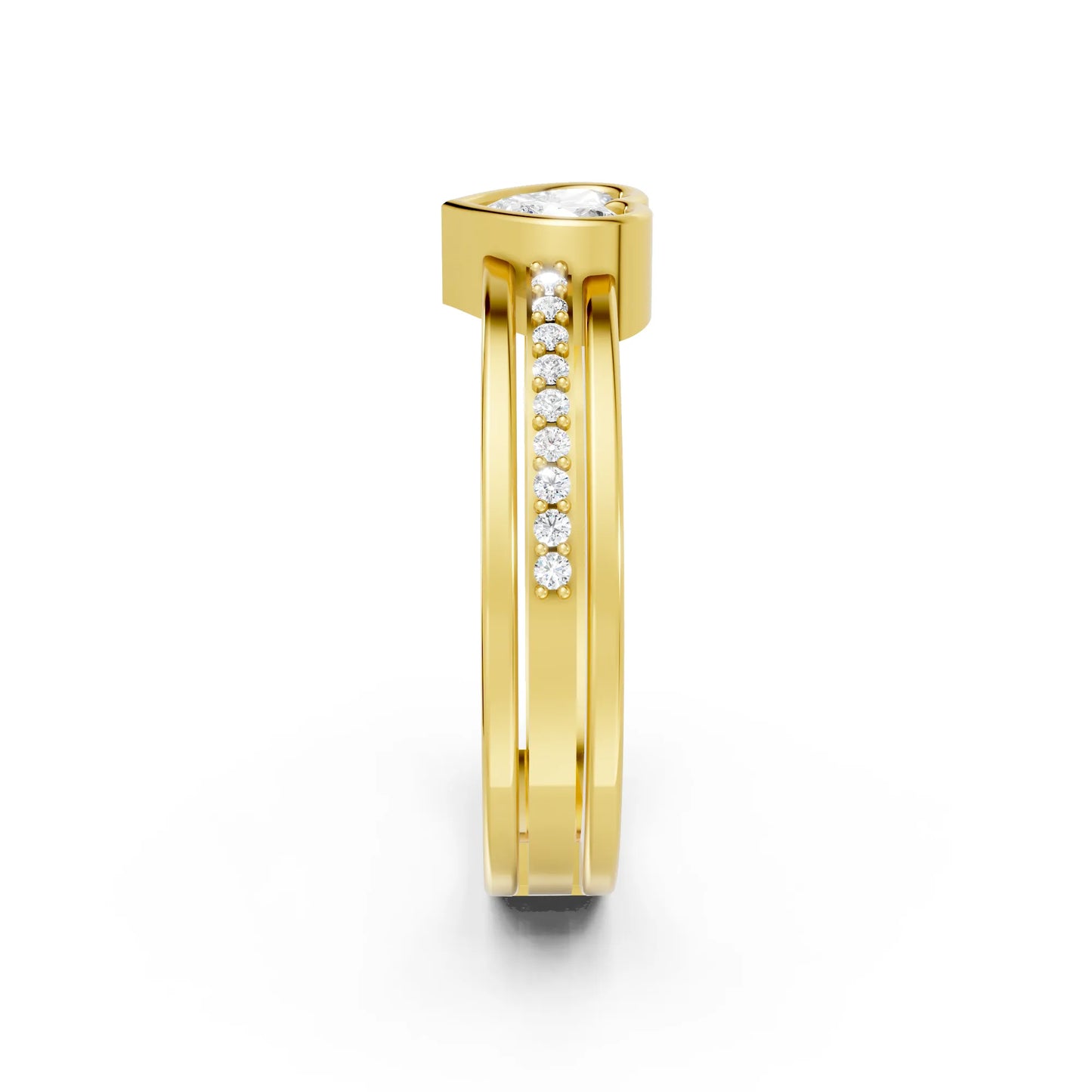 14K Gold Heart Cut Diamond Double Band Bezel Engagement Ring with Accents