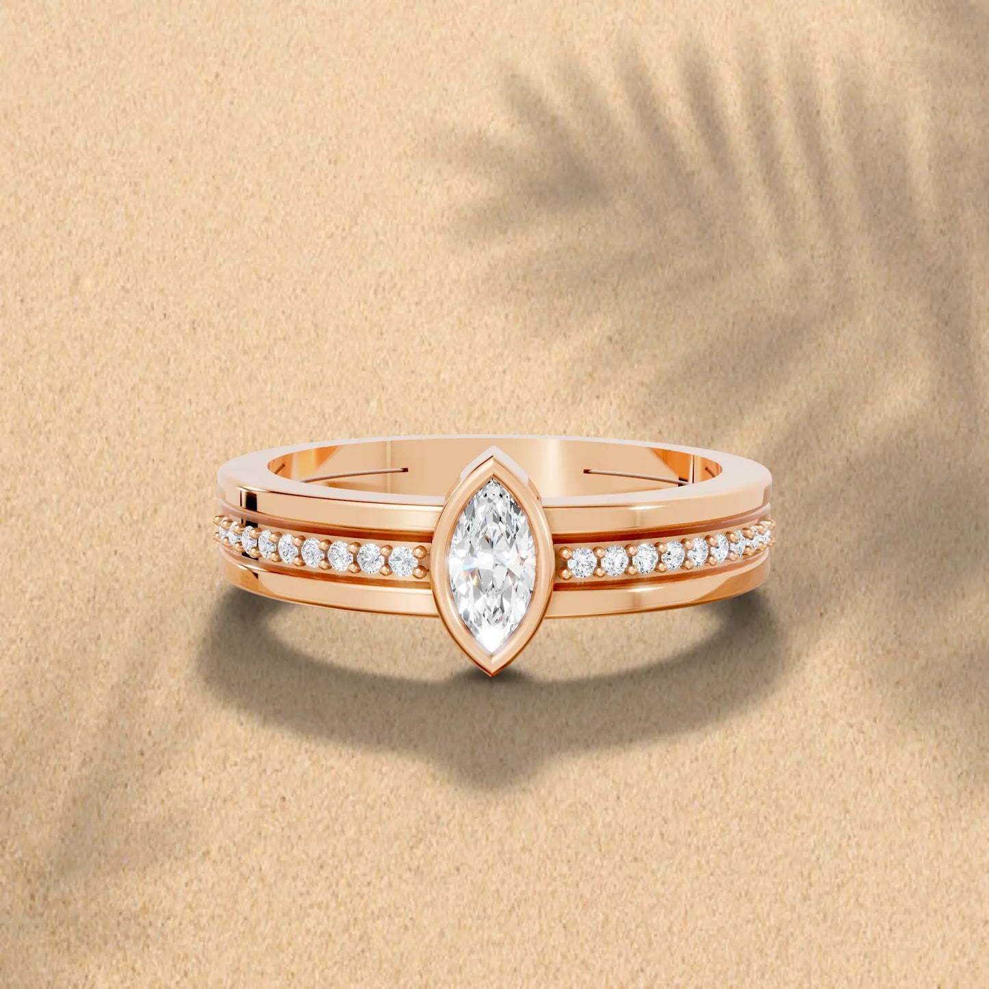 14K Gold Marquise Cut Diamond Double Band Bezel Engagement Ring with Accents