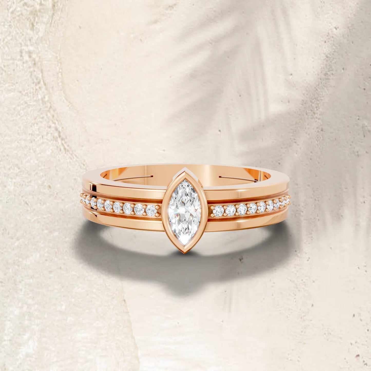 14K Gold Marquise Cut Diamond Double Band Bezel Engagement Ring with Accents