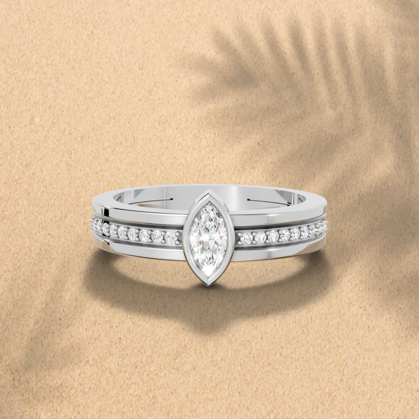 14K Gold Marquise Cut Diamond Double Band Bezel Engagement Ring with Accents
