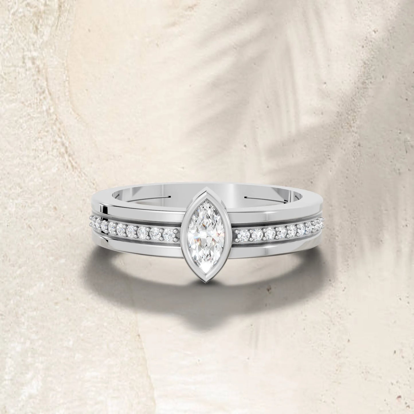 14K Gold Marquise Cut Diamond Double Band Bezel Engagement Ring with Accents