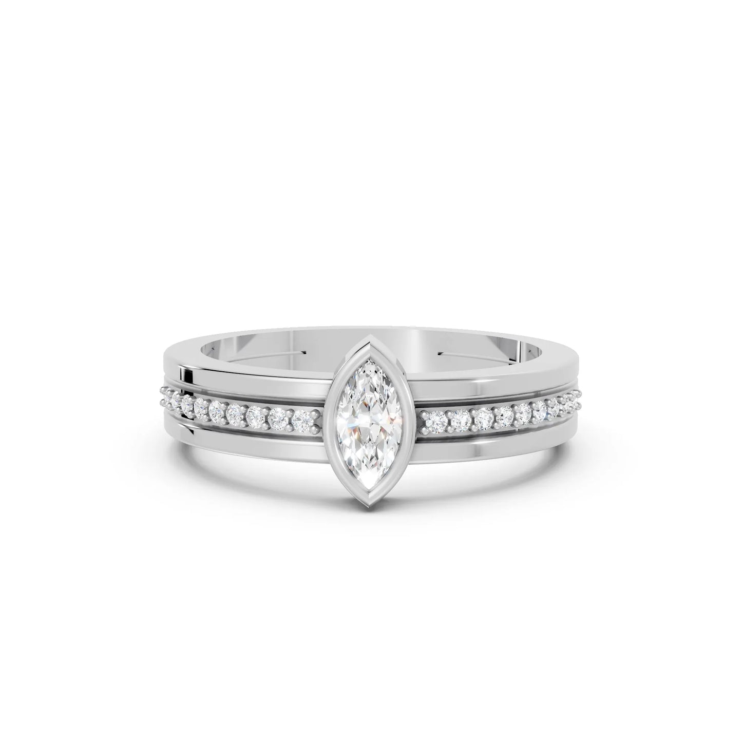 14K Gold Marquise Cut Diamond Double Band Bezel Engagement Ring with Accents
