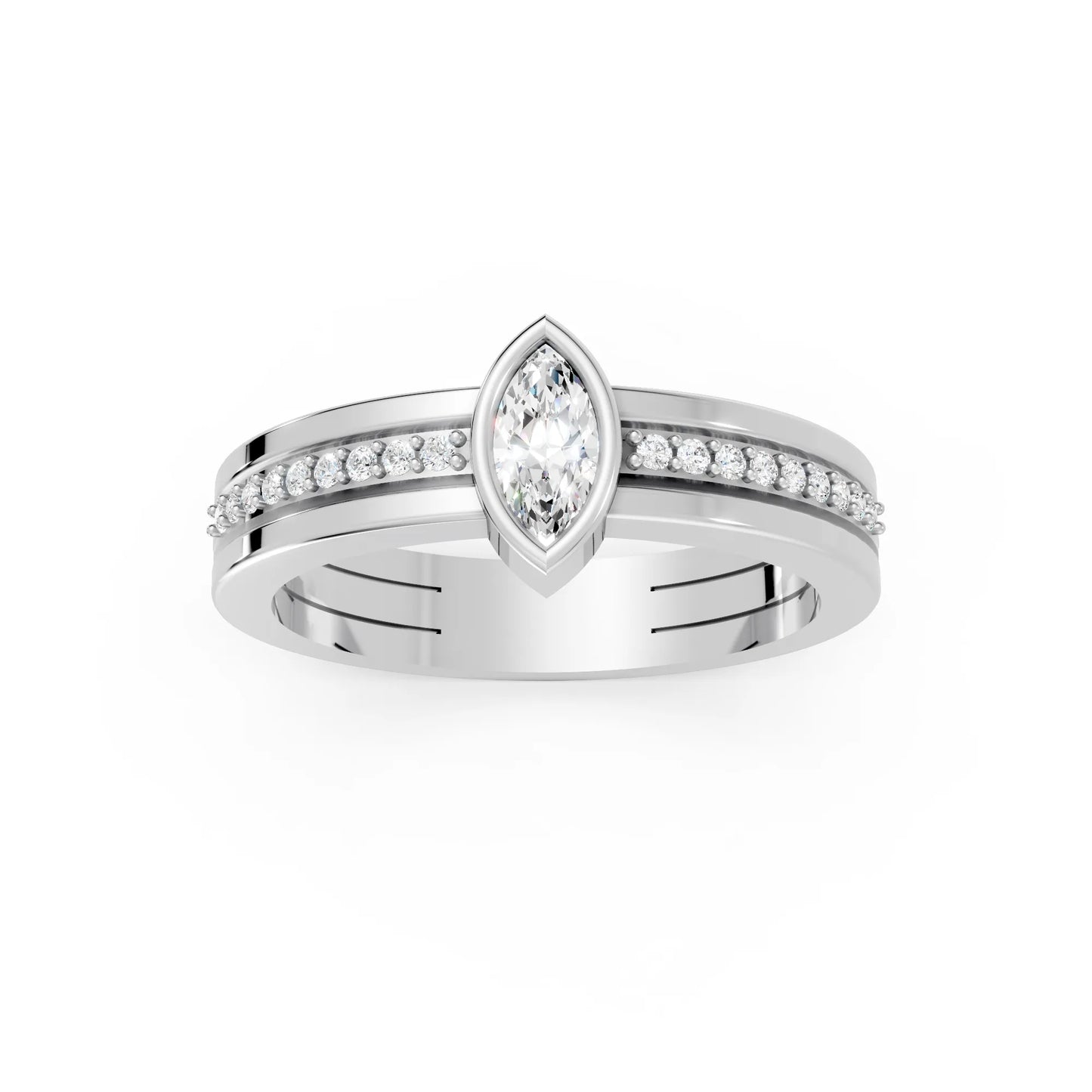 14K Gold Marquise Cut Diamond Double Band Bezel Engagement Ring with Accents