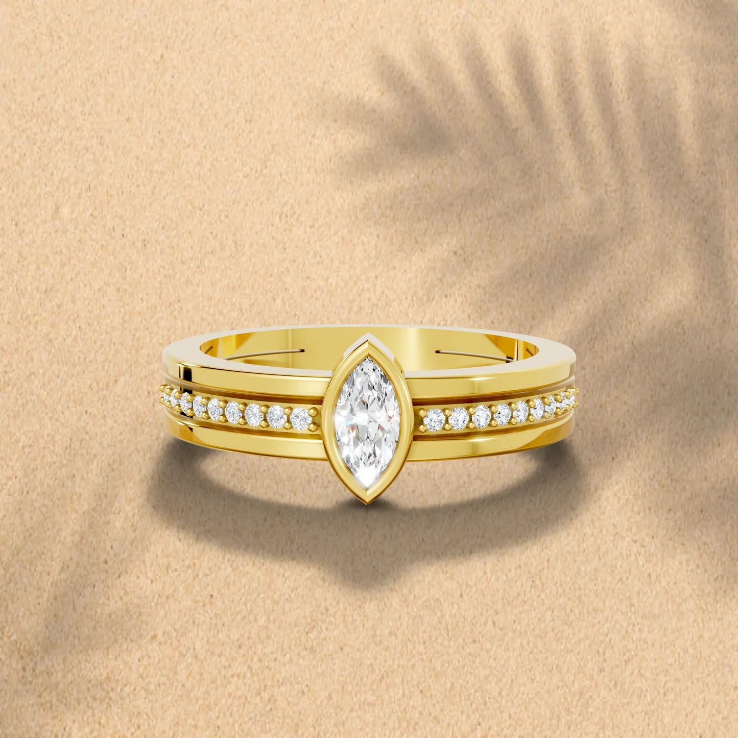 14K Gold Marquise Cut Diamond Double Band Bezel Engagement Ring with Accents